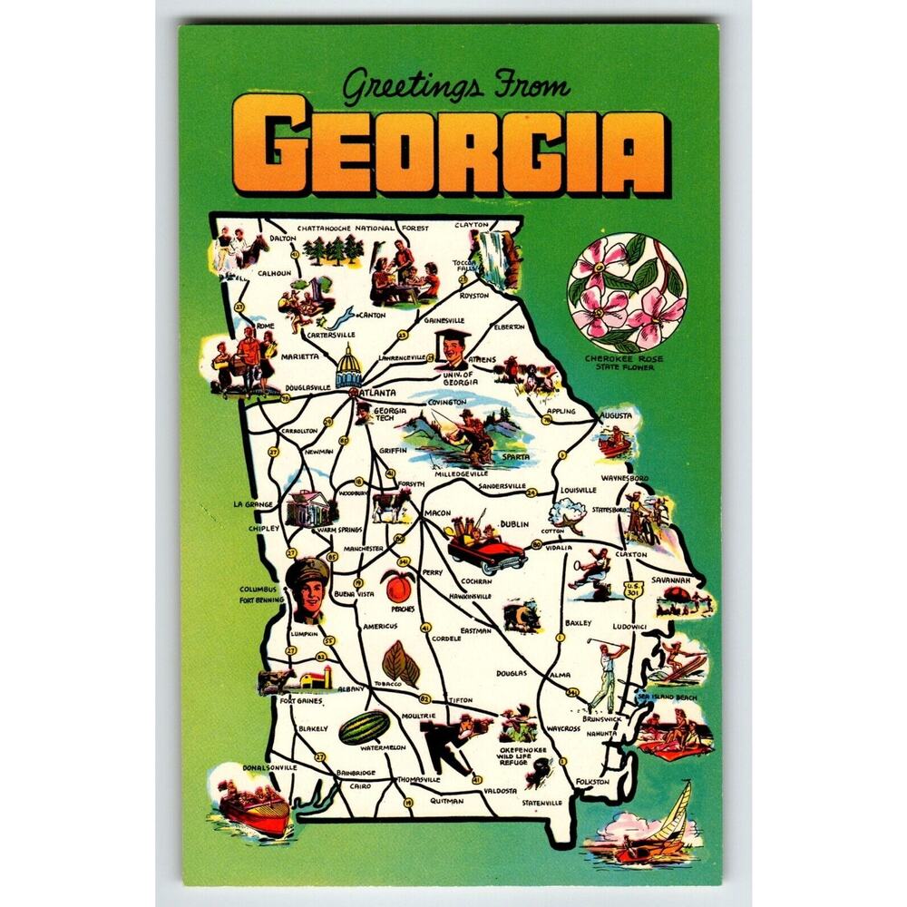 Postcard Greetings From Georgia Map Chrome Cherokee Rose State Flower Unposted